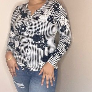 Charter club button up sweater with flower applicas